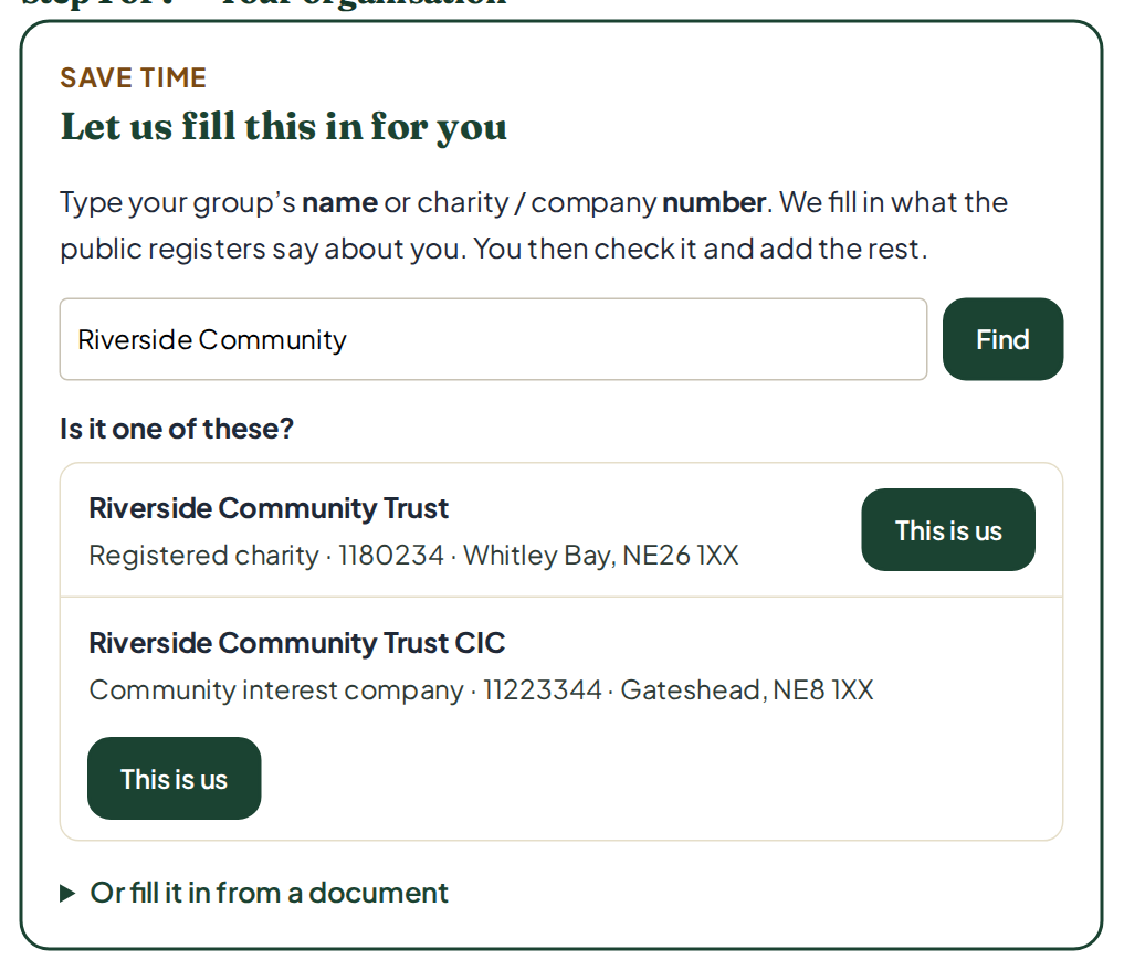 The Let us fill this in for you box. Riverside Community has been typed in. Two matches are listed, each with a This is us button.