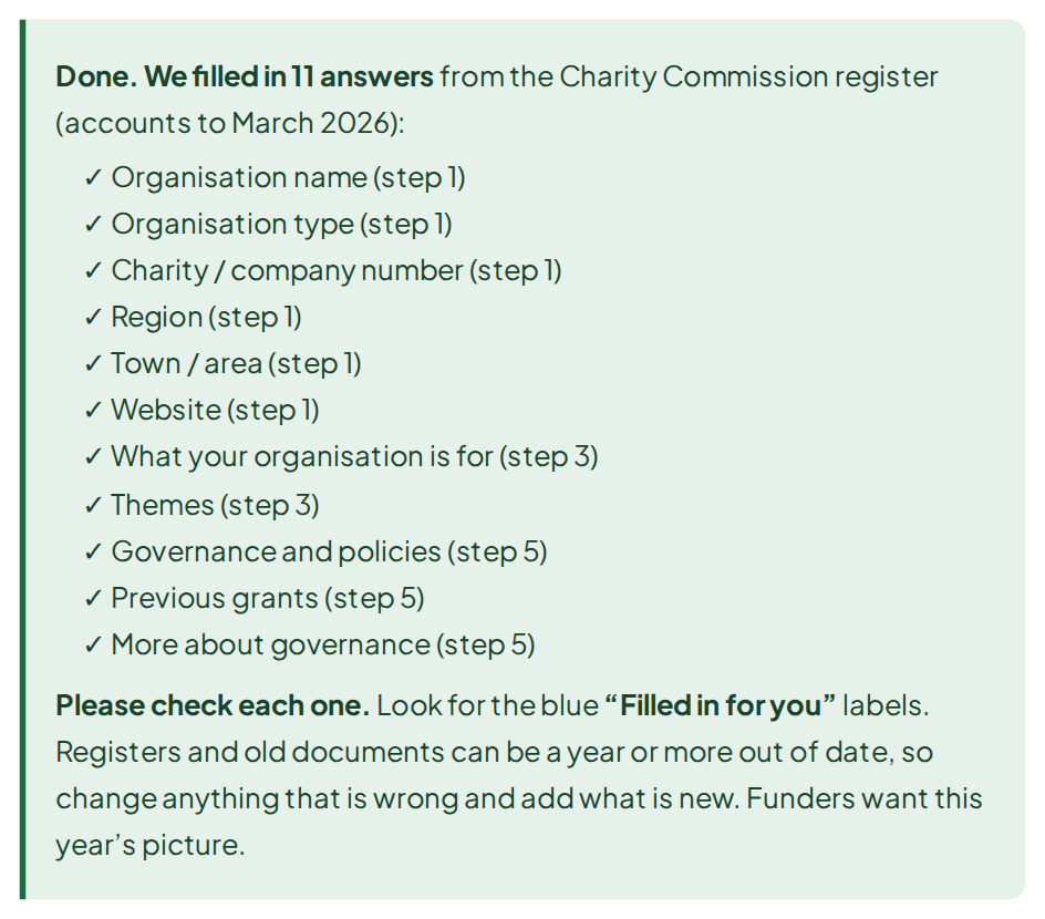A green box: Done. We filled in 10 answers from the Charity Commission register, listed with the step each one is on. Please check each one.