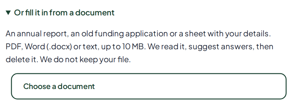 The Or fill it in from a document section, with a Choose a document button. It says we read the document, suggest answers, then delete it.