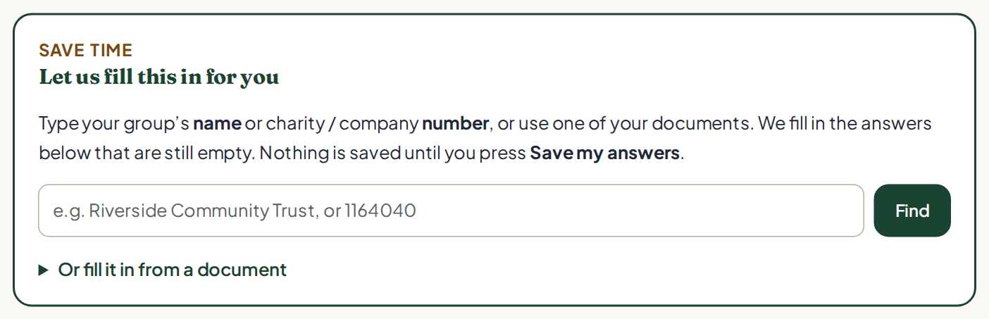 The Let us fill this in for you box at the top of My answers, with a Find button and an option to fill it in from a document.